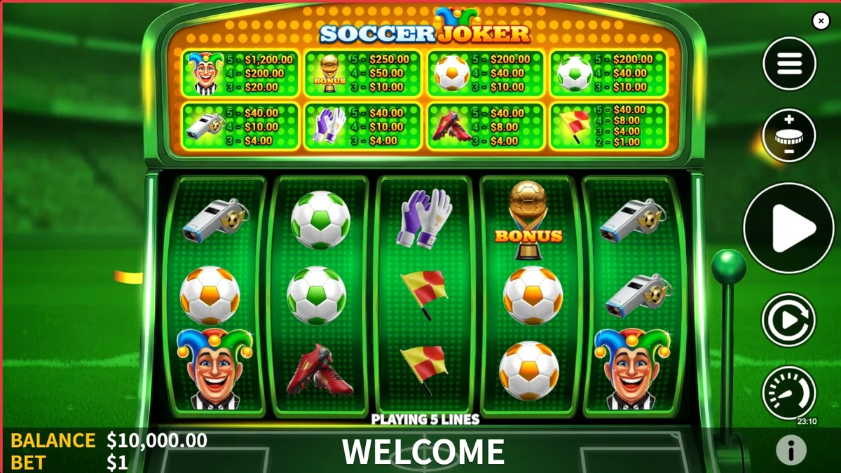 Interface do jogo de slot Soccer Joker com elementos de futebol e um curinga