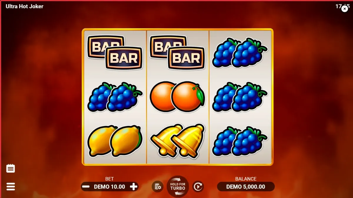 Interface do jogo Ultra Hot Joker com símbolos de frutas em chamas