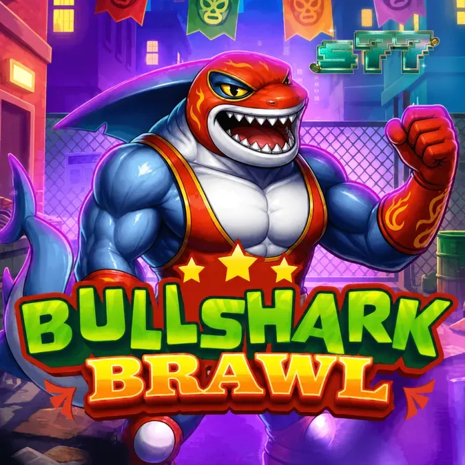 Tela principal do slot Bullshark Brawl com personagens tubarões lutadores